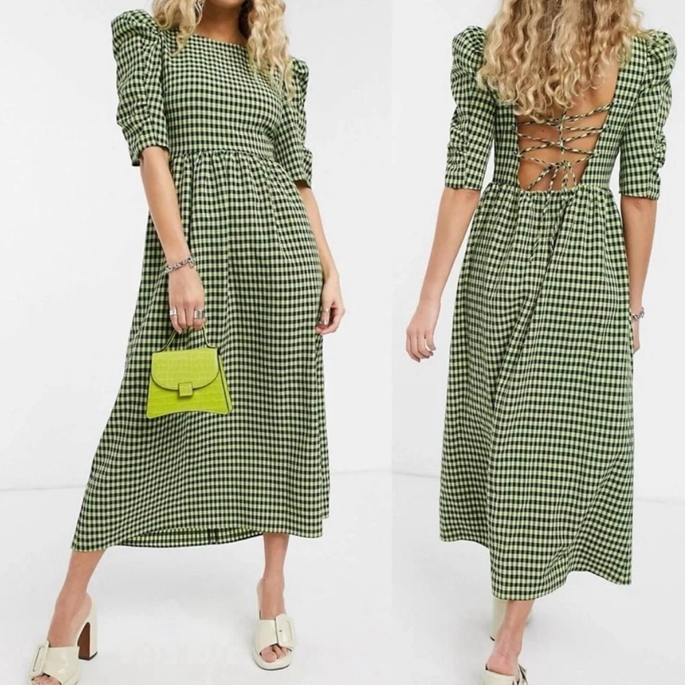Topshop Gingham Dress: Greenish Yellow and Black Size 8 but fits a 6